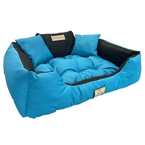 KingDog Hunde- und Katzenbett mit Zwei Kissen Hundekissen Hundekorb Haustierbett Waschbar Wasserdichtes PVC-Material (XL 115x95cm, Blau)