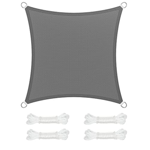 SONGMICS Sonnensegel 4 x 4 m, Sonnenschutz aus HDPE-Gewebe, luftdurchlässig, wasserdurchlässig, für Terrasse, Garten, Balkon, Camping, quadratisch, konkav, 2 m Seile, rauchgrau GSS44GY