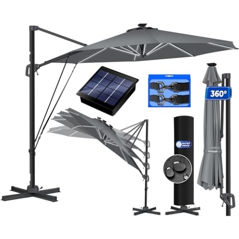 KESSER® Sonnenschirm Ampelschirm Sun Rund XL LED Solar Ø330 cm Inkl. Abdeckung + Windsicherung 7-Fach Verstellbar Neigbar Kippbar Groß 360° Drehbar Gartenschirm mit Kurbel Sonnenschutz UV50+ Anthrazit