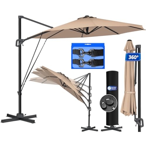 KESSER® Sonnenschirm Ampelschirm SUN Rund XL Ø330 cm Inkl. Abdeckung + Windsicherung 7-Fach Verstellbar Drehbar Neigbar Kippbar Groß 360° Drehbar Gartenschirm mit Kurbel Sonnenschutz UV50+ Taupe