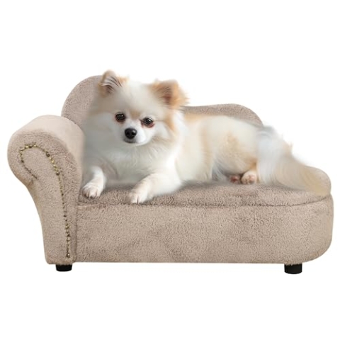 PawHut Hundesofa, Haustiersofa mit Samtoptik, Hundecouch Katzensofa Hundesessel mit Holzbeine, Haustierbett mit Stauraum, Beige, 80 x 40 x 46 cm