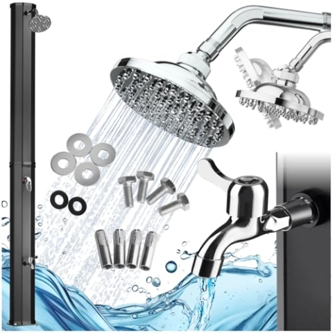 tectake® Solardusche 35 Liter, Gartendusche mit Regenduschkopf und Wasserhahn, warmes Wasser für Garten, als Campingdusche, Pooldusche mit Gartenschlauch-Anschluss, solar Shower Aussendusche - schwarz