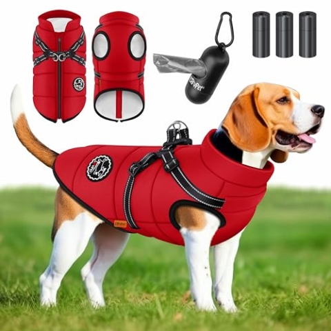 Lovpet® Hundejacke Hundemantel mit Geschirr, inkl. 45 Stück Kotbeutel + Spender, Hunde Winterweste gefüttert wasserdicht, Gepolsterte Weste Mit Brustgurt, Reflektoren, D-Ring 5XL, Bordeaux Rot