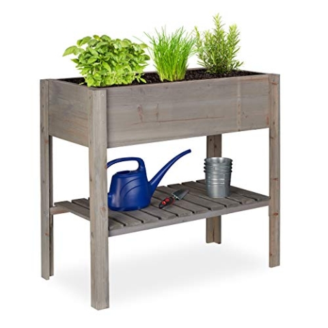 Relaxdays Hochbeet Holz, Ablagefach, Pflanzkasten Balkon, Terrasse, Garten, Kräuterbeet, HBT 80 x 88 x 43,5 cm, grau