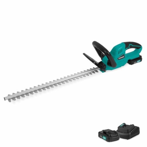Akku-Heckenschere 20 V | Klinge 520 mm | 2 Akkus 2,0 Ah und Schnellladegerät inklusive | leicht und handlich | Doppelgriff für Sicherheit | Schutztasche