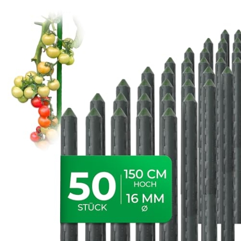 Novatool 50 Stück Pflanzstäbe 150cm grün 16mm ⌀ sehr stabil Metallrohr kunststoffummantelt Rankstäbe für Pflanzen Rankhilfe Gurken Tomatenstäbe für Kletterpflanzen Rankstab Pflanzstab 150 cm