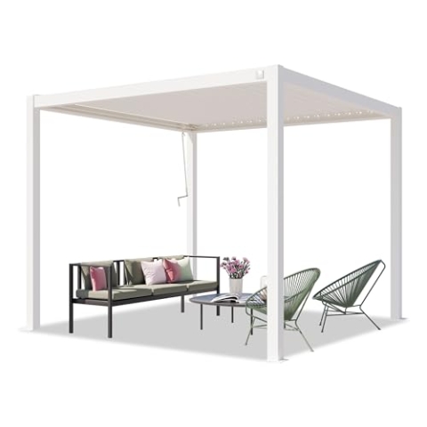 TOOLPORT PRIMEYARD Pergola 3x3 m weiße Aluminium-Pfosten mit Lamellendach aus Stahl Terrassenüberdachung