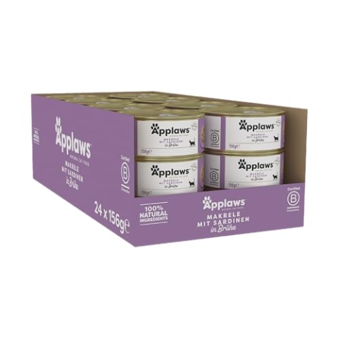 Applaws 100% natürliches Premium-Nassfutter für Katzen, Makrele mit Sardine in Brühe - Packung mit 24 x 156g Dosen