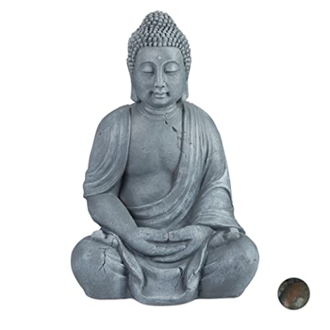 Relaxdays Buddha Figur sitzend, XL 70 cm, Gartenfigur, Dekofigur Wohnzimmer, wetterfest & frostsicher, hellgrau