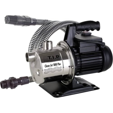 T.I.P. Gartenpumpe Edelstahl mit 4 m Ansauggarnitur (3.300 l/h Fördermenge, 46 m Förderhöhe, 4,6bar Druck, 800W, Jet-Hydrauliksystem, thermischer Überlastschutz, Tragegriff) Clean Jet 1000 Plus, 30094