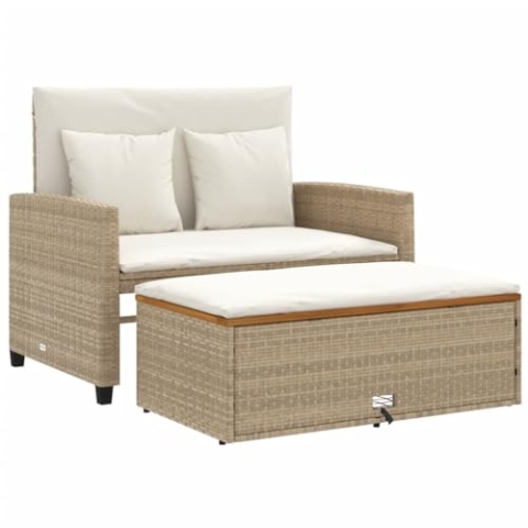 vidaXL Gartensofa mit Kissen 2-Sitzer, Outdoor Sofa mit Hocker mit Staufach, Couch mit abnehmbarm Bezug, Gartebmöbel Gartengarnitur, Beige Poly Rattan Akazienholz