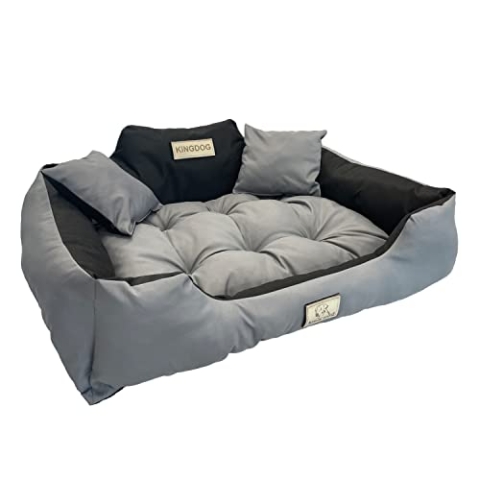 KingDog Hunde- und Katzenbett mit Zwei Kissen Hundekissen Hundekorb Haustierbett Waschbar Wasserdichtes PVC-Material (M 75x65cm, Dunkelgrau)