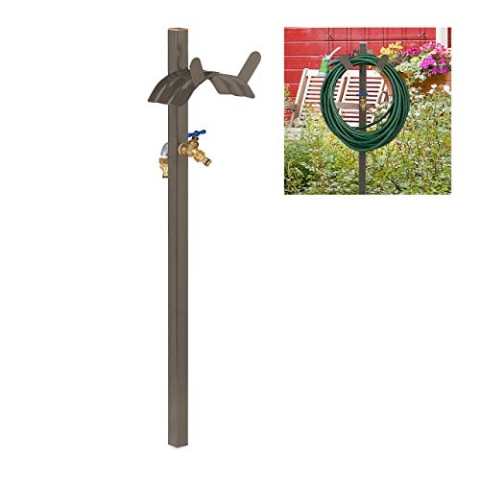 Relaxdays Wasserzapfstelle mit Schlauchhalter, für 45m Schlauch, inkl. 2X 1/2" Adapter, Stahl, 107,5 cm hoch, braun