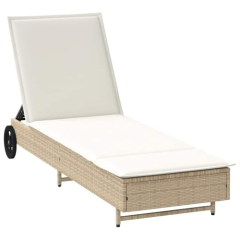 vidaXL Sonnenliege mit Rollen und Auflage Beige Poly Rattan, Sonnenbett, Liege, Outdoor Chaiselongue, Gartenliege, Outdoor-Liege, Garten Chaiselongue