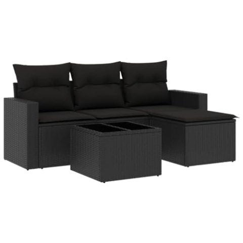 vidaXL Garten Sofa Garnitur 5-TLG., Gartenmöbel Set mit Kissen Stauraum, Sitzgruppe für Garten Terrasse, Modular Gartensofa Hocker Lounge, Tisch mit Glasplatte, Schwarz Poly Rattan