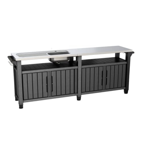 Keter BBQ Beistelltisch Unity Chef, Schwarz, mit großer Edelstahl-Arbeitsfläche und Spüle, 237x513x89,4cm, perfekt für das Grillen im Frühling