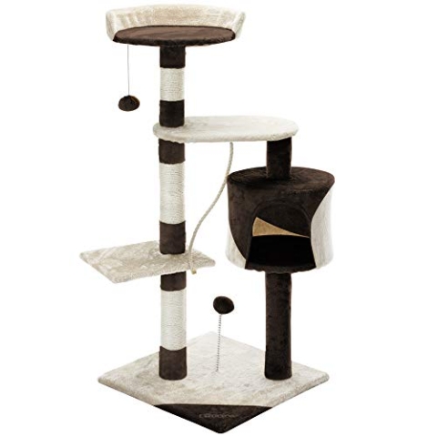 CADOCA® Kratzbaum 112 cm Braun-Beige mit Höhle + 3 Plattformen + 2 Spielbälle + 1 Spielseil Kratzstamm Katzenkratzbaum Katzenmöbel Katzenschlafplatz