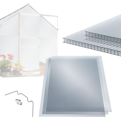ECD Germany 14x Doppelstegplatten, 4mm Polycarbonat, 121x60,5cm, 10,24m², 50x Klammern + 50x Z-Clips, stoßsicher & UV-beständig, zuschneidbar, Klar Hohlkammerplatten, Gewächshausplatten Stegplatten
