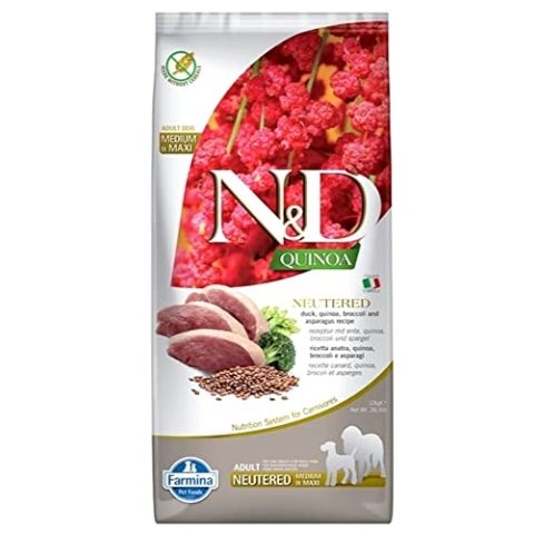 Farmina N&D Quinoa Adult Medium Pellets Hundefutter (Trockenfutter, mit hochwertigen Vitaminen und natürliche Antioxidantien, ohne Mais, Zutaten: Ente, Brokkoli und Spargel, Portionsgröße: 12 kg)