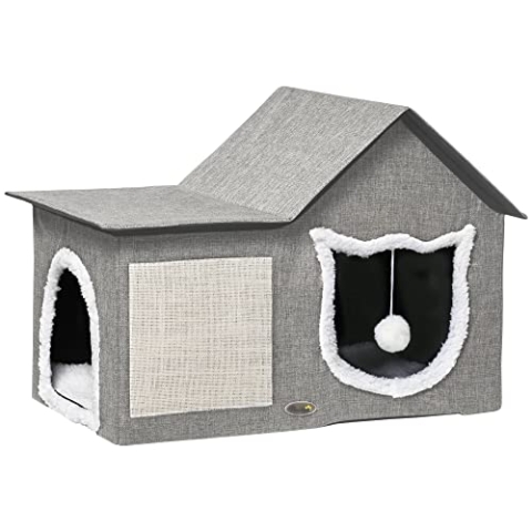 PawHut Katzenhöhle, Katzenhaus mit Kratzfläche, Katzenhütte mit Doppeltüren, Kuschelhöhle mit Kissen, Katzenbett mit Spielball, Polyester, Grau, 65 x 41 x 45,5 cm