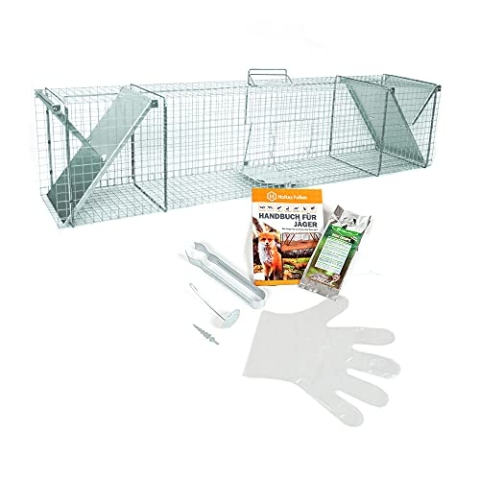 Holtaz Fallen Basic 150x29x31 cm 2 Türen Marderfalle Katzenfalle Fuchsfalle Biberfalle Tierfalle Waschbärfalle Drahtfalle Lebendfalle Mit Extra Köder und Zubehör im Set