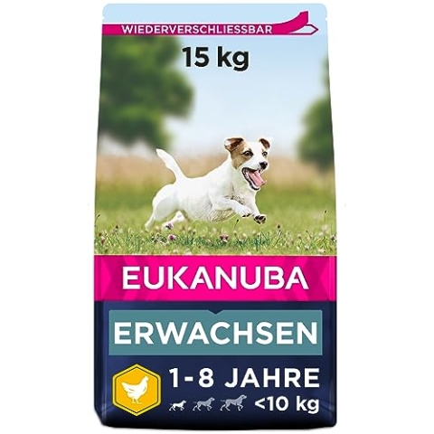 Eukanuba Hundefutter mit frischem Huhn für kleine Rassen, Premium Trockenfutter für ausgewachsene Hunde, 15 kg
