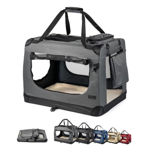 lionto Hundetransportbox faltbar für Reise & Auto, 70x52x50 cm, stabile Transportbox mit Tragegriffen & Decke für Katzen & Hunde bis 15 kg, robuste Hundebox aus Stoff für klein & groß, grau