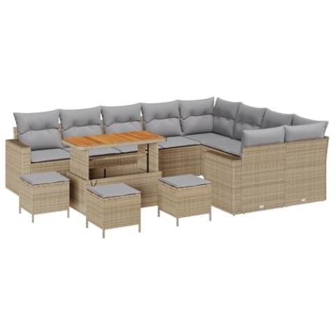 vidaXL 13-teiliges Garten Sofa Set mit Kissen Beige Poly Rattan Akazie, 4-teiliges Garten Esszimmer-Set mit Kissen Beige Poly Rattan Akazie