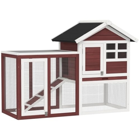 PawHut Kaninchenstall Mehrzweck-Kaninchenstall: obere Nische mit Rampe, Kotplatte, Fenster + sicheres Außengehege 2 Türen 122L x 63l x 92H cm Ziegelrot