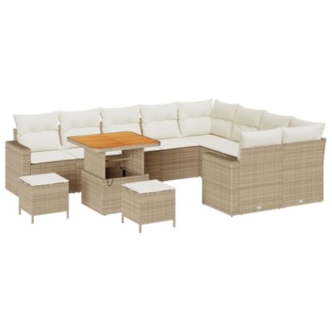 vidaXL 12-teiliger Garten Sofa Set mit Kissen Beige Poly Rattan Akazie, 3-teiliger Garten Esszimmer Set mit Kissen Beige Poly Rattan Akazie