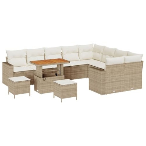 vidaXL 12-teiliges Garten Sofa Set mit Kissen in Beige Poly Rattan, 3-teiliges Garten Esstisch-Set mit Kissen in Beige Poly Rattan