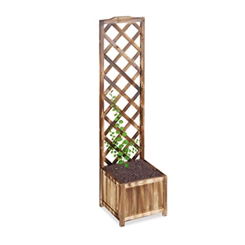 Relaxdays Rankkasten mit Rankgitter, wetterfest, Holz, für Balkon, Garten, Rosen, 25 L Kübel, 147 cm Rankhilfe, gebrannt, Beige