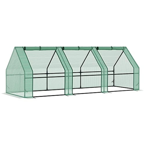 Outsunny Gewächshaus mit 3 Rollfenster, PE-Gitterfolie, Foliengewächshaus aus Stahl, Treibhaus für Balkon, Garten, Tomatenhaus 270x90x90cm, Tomatengewächshaus für Gemüse, Blumen, Pflanzen, Grün