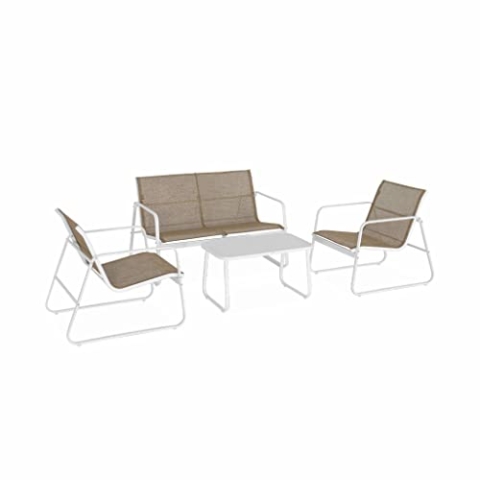 Alice's Garden - Gartenlounge aus Metall und Textilene für 4 Personen, Weiß und Natur, modern