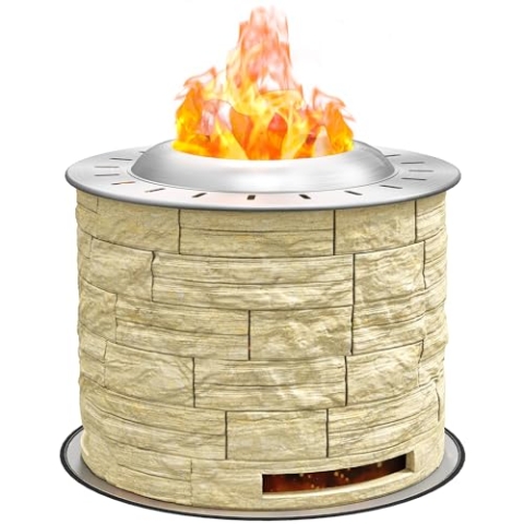Outsunny Rauchfreie Feuerschale, Feuerstelle, Holz brennender Feuerkorb Tischfeuer mit Bodenschutzmatte für Garten, Camping, Terrasse, Stahl, MgO, Gelb