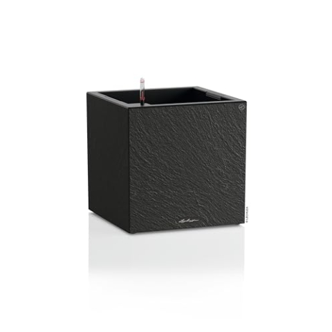 LECHUZA-Pflanzgefäß Canto Slatestone 40 Low Dark Grey, Pflanzgefäß mit Bewässerungssystem, Wasserstandsanzeiger und Pflanzeinsatz, Schiefer-Optik, 40 x 40 x 40 cm, 15951