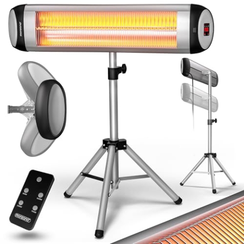 Monzana® Infrarot Heizstrahler MZH2500 Stativ 110-175cm 2500W 3 Stufen 24h Timer Fernbedienung Wärmestrahler Standheizer Teleskopständer Silber