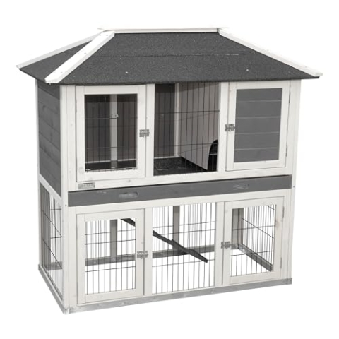 Kerbl Pet Pet Nagerstall Villa mit 4 Türen, Stall mit Auslauf für Kaninchen / Hasen / Meerschweinchen, Mit wetterfestem Bitumendach und Metallrahmen am Boden, 118x68x118cm, Grau/Weiß
