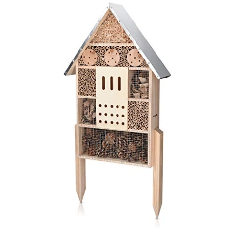 Navaris Insektenhotel aus Holz wetterfest - Bienenhotel Hummelhaus - Naturbelassenes Hummelhotel für Verschiedene Fluginsekten - Großes Insektenhotel mit Standfüßen - Wildbienenhotel