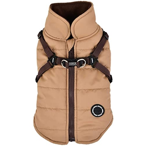 Puppia Hochwertiger Hundemantel für kleine Hunde und mittelgroße Hunde - wasserdicht und mit Fleece gefüttert für angenehme Wärme - Hundemantel mit Geschirr, Beige, L