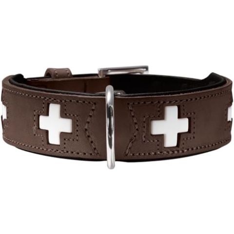 HUNTER Hundehalsband SWISS, Farbe: braun/schwarz, weiches Rindnappaleder, handvernähte Schweizer Kreuze, langlebig und komfortabel, hochwertige Handarbeit, Made in Germany, Größe: XS-S (37)