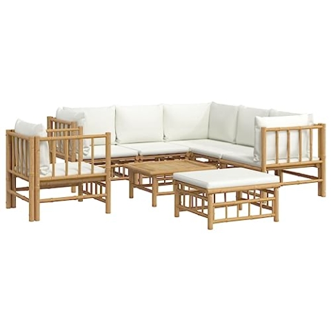 vidaXL Garten Lounge Set 8-TLG., Gartenmöbel Set mit Cremeweißen Kissen, Sitzgruppe für Garten Terrasse, Modular Sofa Garnitur Loungemöbel, Bambus