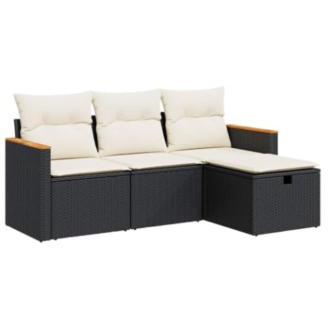 vidaXL 4-TLG. Garten-Sofagarnitur mit Kissen Schwarz Poly Rattan, Outdoor Sofa Set, Outdoor Sofagarnitur, Garten-Lounge-Set, Garten Sofagarnitur