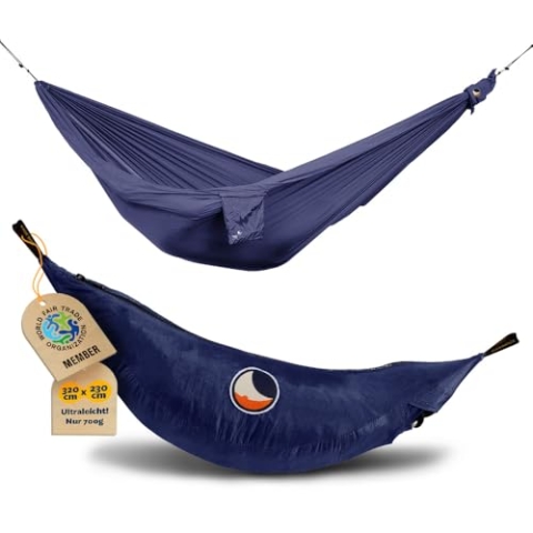 Ticket to the Moon Fallschirmhängematte King Size - Navy Blau | Hängematte Outdoor mit 320 x 230 cm & nur 700 g - leichte Hängematte mit einfachem Aufbau aus Nylon | Original seit 1996