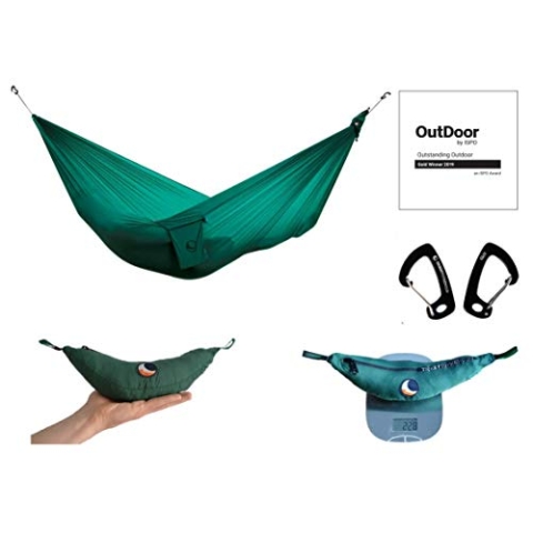 Ticket to the Moon Ultralight Fair Trade & handgefertigt Lightest-Hammock Grün Wald für Reisen, Camping und Alltag, 3,2 x 1,4 m, 228 g, Seiden-Fallschirm, Installation < 1 min