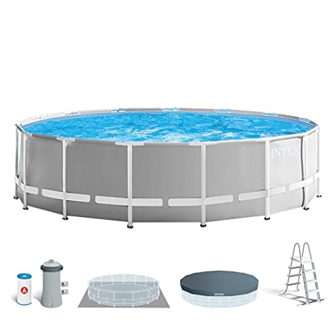 Intex 26726NP – Aufstellpool Prism Frame Rund, Filterpumpe 3785 L/h, Leiter, Bodenplane und Abdeckplane, 16805 L, Stahl und PVC, Grau, 457x122 cm