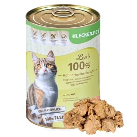 Lecker.Pet® | 24 x 400 g Leo's 100% Hühnermuskelfleisch Katzen Nassfutter | Hochwertiges Katzenfutter aus Huhn | Getreidefrei & ohne Zuckerzusatz | Natürlich & ohne Zusatzstoffe | Reich an Proteinen