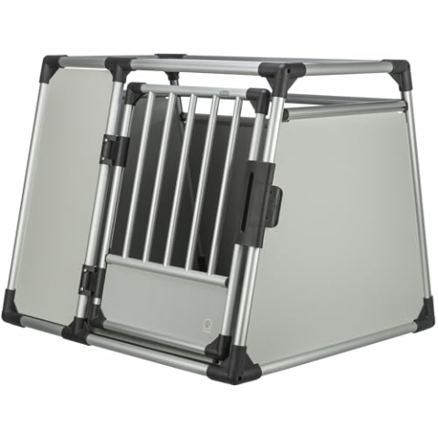 TRIXIE Hunde-Transportbox Aluminium in silber – L: 91 × 75 × 84 cm, stabile und geräuscharme Hundebox mit abgeschrägten Seiten, Sicherheitsverschluss & rutschfester Liegematte – 39344