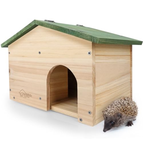 WILDLIFE HOME Igelhaus Winterfest aus Holz mit Boden & wetterfestem Satteldach I Igelfutterhaus I Katzensicher Igel Winterquartier für den Garten