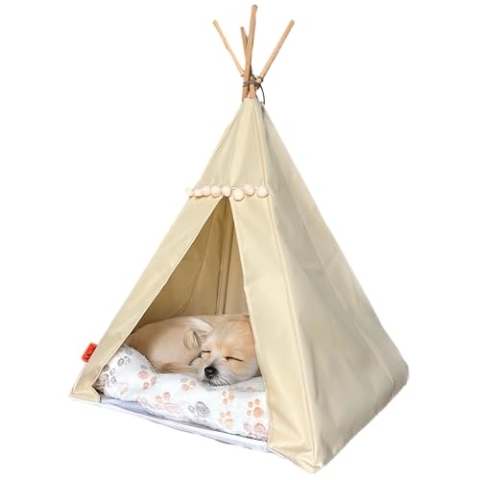 Tipi für Katzen und Hunde mit Bommeln, Wasserdichtes Haustierzelt mit Rutschfester Basis, Hunde- und Katzenhaus (Beiges, beiges Kissen, 65x65cm)